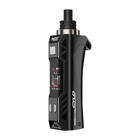 Angled view of the Yocan Cylo Kit in solid black. This portable wax vaporizer features a 1300mAh battery, customizable LED lights, and a C4-DE Plus ceramic heating element for precise concentrate dabbing.