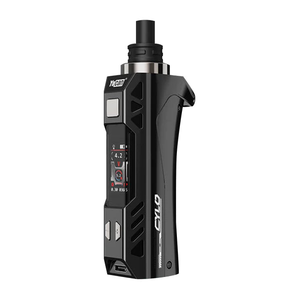 Angled view of the Yocan Cylo Kit in solid black. This portable wax vaporizer features a 1300mAh battery, customizable LED lights, and a C4-DE Plus ceramic heating element for precise concentrate dabbing.