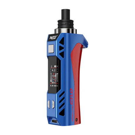 Angled view of the Yocan Cylo Kit in a gradient blue and red. This portable wax vaporizer features a 1300mAh battery, customizable LED lights, and a C4-DE Plus ceramic heating element for precise concentrate dabbing.