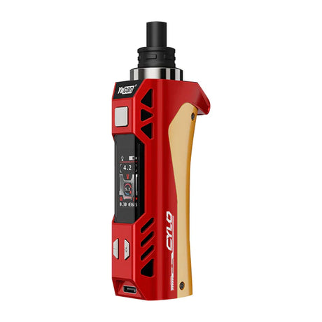 Angled view of the Yocan Cylo Kit in a gradient red and gold. This portable wax vaporizer features a 1300mAh battery, customizable LED lights, and a C4-DE Plus ceramic heating element for precise concentrate dabbing.