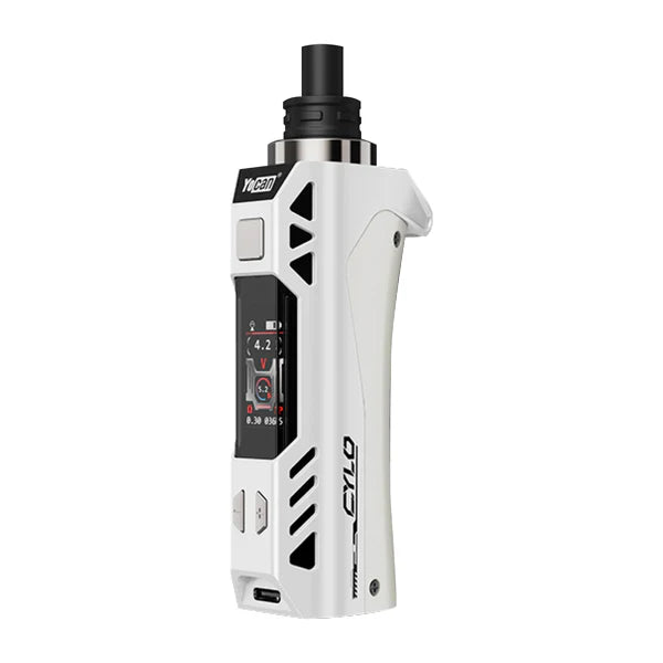 Angled view of the Yocan Cylo Kit in solid white. This portable wax vaporizer features a 1300mAh battery, customizable LED lights, and a C4-DE Plus ceramic heating element for precise concentrate dabbing.