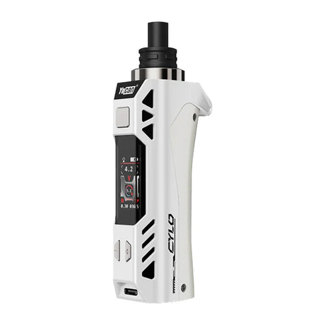Angled view of the Yocan Cylo Kit in solid white. This portable wax vaporizer features a 1300mAh battery, customizable LED lights, and a C4-DE Plus ceramic heating element for precise concentrate dabbing.