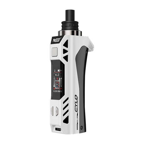 Angled view of the Yocan Cylo Kit in a dual-tone white and black. This portable wax vaporizer features a 1300mAh battery, customizable LED lights, and a C4-DE Plus ceramic heating element for precise concentrate dabbing.