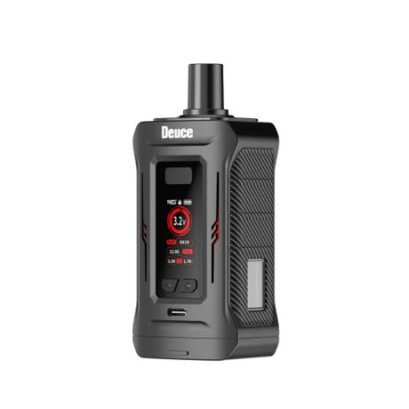 Front view of the Yocan Deuce Dual 510 Cartridge Battery in solid black. This innovative dual-cartridge vaporizer allows users to attach and hit two 510-threaded cartridges simultaneously for a customized vaping experience.