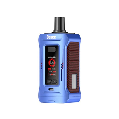 Front view of the Yocan Deuce Dual 510 Cartridge Battery in sleek blue. This innovative dual-cartridge vaporizer allows users to attach and hit two 510-threaded cartridges simultaneously for a customized vaping experience.