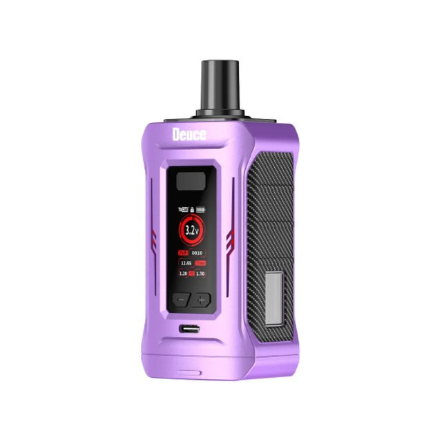 Front view of the Yocan Deuce Dual 510 Cartridge Battery in vibrant purple. This innovative dual-cartridge vaporizer allows users to attach and hit two 510-threaded cartridges simultaneously for a customized vaping experience.