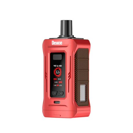 Angled overhead view of the Yocan Deuce Dual 510 Cartridge Battery in bright red. This innovative dual-cartridge vaporizer allows users to attach and hit two 510-threaded cartridges simultaneously for a customized vaping experience.