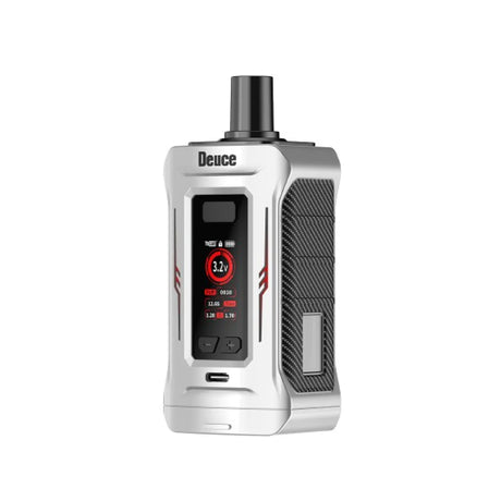 Angled front view of the Yocan Deuce Dual 510 Cartridge Battery in clean white. This innovative dual-cartridge vaporizer allows users to attach and hit two 510-threaded cartridges simultaneously for a customized vaping experience.