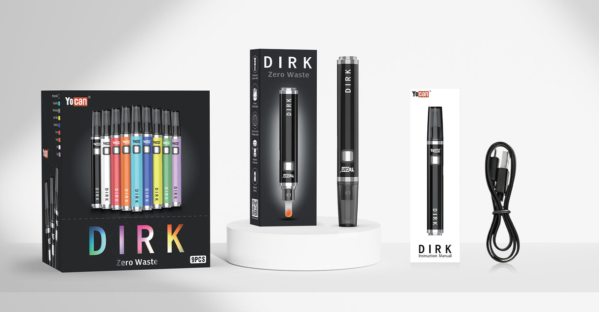 Angled overhead view of the Yocan Dirk Hot Knife 9-count retail display box showing a variety of assorted colors. This premium 400mAh electric dab tool features a heated magnetic ceramic tip to scoop, cut, and load wax concentrates precisely without smearing or waste.