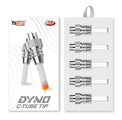 Front view of the Yocan Dyno Ceramic C-Tube Coils retail packaging showing a 5-pack of replacement tips. These premium replacement ceramic heating tips feature a magnetic connection for fast swaps and deliver clean, flavorful vapor without combustion.