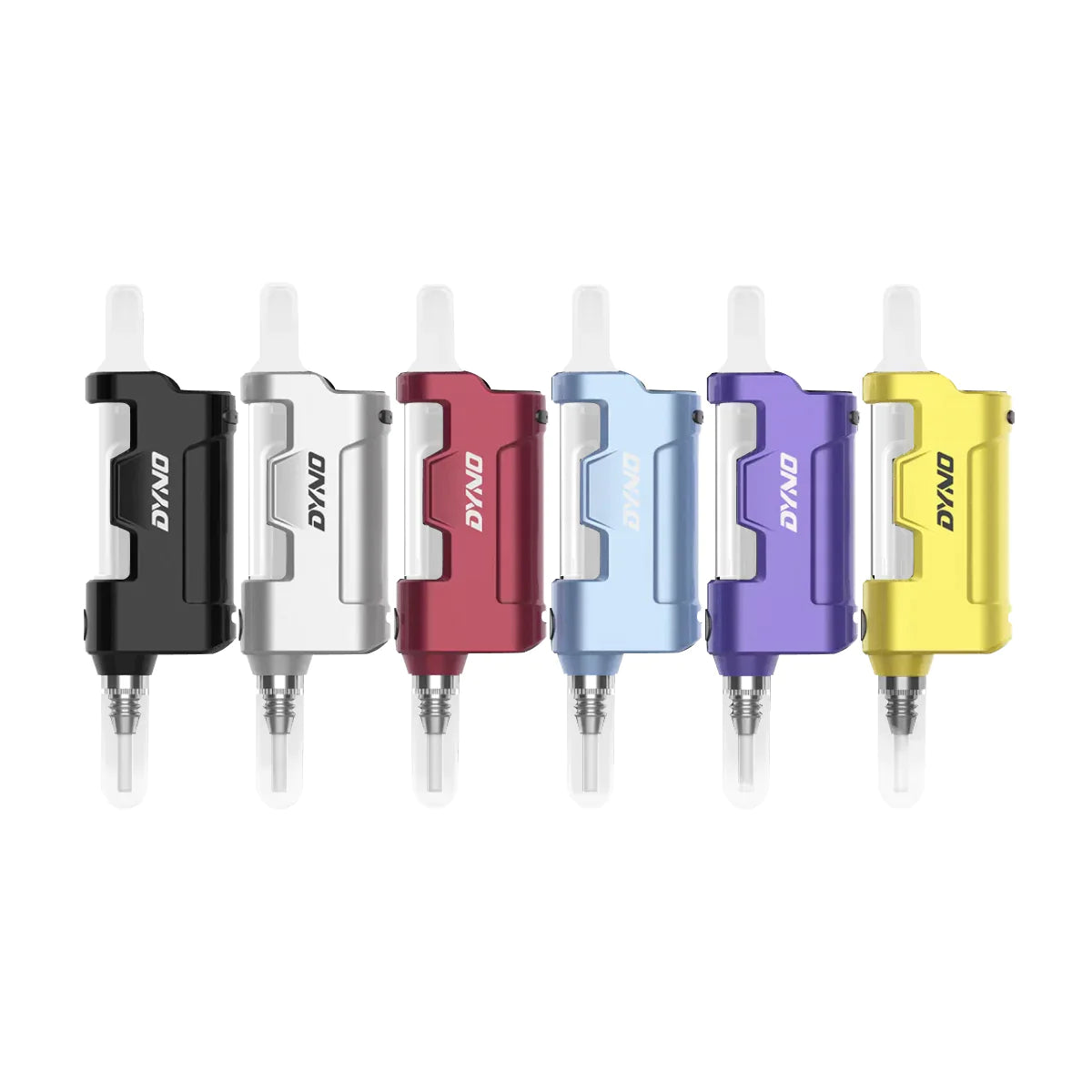 Front view of the Yocan Dyno Nectar Collector vaporizers in assorted colors, including black, silver, red, blue, purple, and yellow. This handheld electronic device features a direct-draw magnetic ceramic tip that allows you to easily extract botanical concentrates without manual loading.