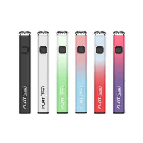 Front view of the Yocan Flat Slim 510 Batteries featuring assorted colors. This countertop-ready carton houses 350mAh threaded power supplies engineered with an anti-roll squared chassis to prevent accidental drops.