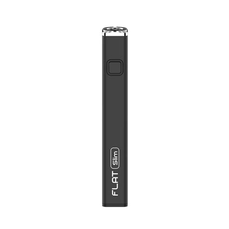Angled view of a single Yocan Flat Slim 510 Battery in black. This universal 510-threaded power supply features a squared anti-roll chassis, variable voltage output, and a built-in preheat function for botanical extracts.