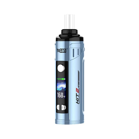 Front view of the Yocan Hit 2 Convection Dry Herb Vaporizer in deep blue. This advanced portable vaporizer features true convection heating, an OLED display, and adjustable temperature controls for a premium dry herb experience.