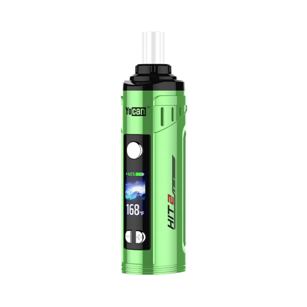 Angled front view of the Yocan Hit 2 Convection Dry Herb Vaporizer in sleek green. This advanced portable vaporizer features true convection heating, an OLED display, and adjustable temperature controls for a premium dry herb experience.