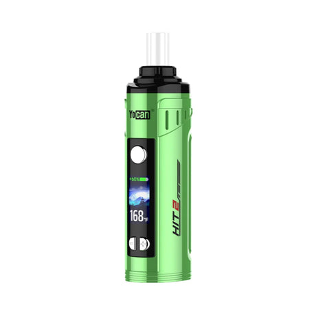 Angled front view of the Yocan Hit 2 Convection Dry Herb Vaporizer in sleek green. This advanced portable vaporizer features true convection heating, an OLED display, and adjustable temperature controls for a premium dry herb experience.