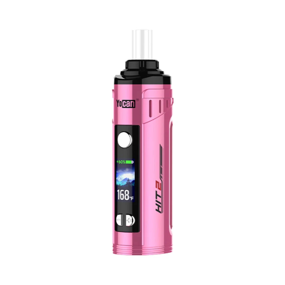 Front view of the Yocan Hit 2 Convection Dry Herb Vaporizer in bright pink. This advanced portable vaporizer features true convection heating, an OLED display, and adjustable temperature controls for a premium dry herb experience.