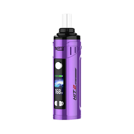 Angled overhead view of the Yocan Hit 2 Convection Dry Herb Vaporizer in vibrant purple. This advanced portable vaporizer features true convection heating, an OLED display, and adjustable temperature controls for a premium dry herb experience.