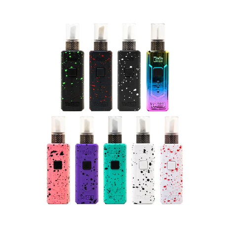 Angled overhead view of multiple Yocan Kodo Knife Kits in assorted vibrant colors. This ultra-compact 400mAh 510-thread battery includes a heated ceramic dab tool attachment that effortlessly cuts and loads sticky wax concentrates.
