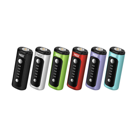 Front view of multiple Yocan Kodo Plus 510 Batteries arranged to showcase the brand's vibrant assorted colors. This compact 900mAh vaporizer battery features 5 preset voltage settings and a universal 510-thread connection perfect for smoke shop retail counters.