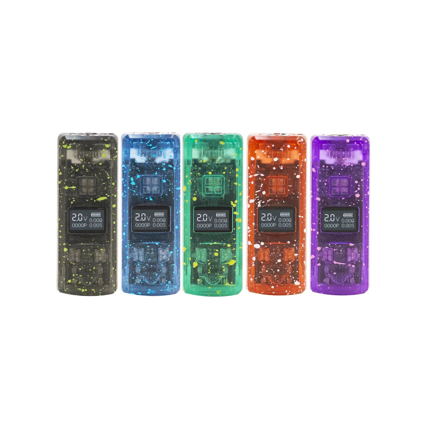 Angled overhead view of multiple Yocan Kodo Pro batteries in assorted vibrant colors. This ultra-compact 510-thread cartridge battery features a 400mAh capacity, adjustable voltage, and a bright OLED digital display for precise control.