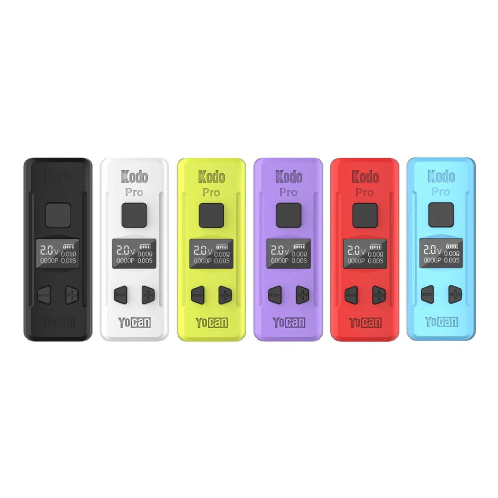 Angled overhead view of multiple Yocan Kodo Pro batteries in assorted vibrant colors. This ultra-compact 510-thread cartridge battery features a 400mAh capacity, adjustable voltage, and a bright OLED digital display for precise control.