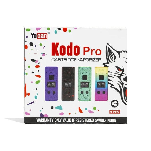 Front view of the Yocan Kodo Pro 9-count retail display box featuring an assortment of colorful devices. This ultra-compact 510-thread cartridge battery features a 400mAh capacity, adjustable voltage, and a bright OLED digital display for precise control.