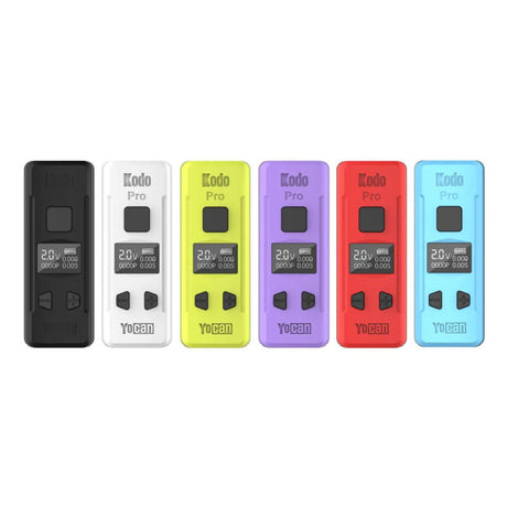Angled overhead view of multiple Yocan Kodo Pro batteries in assorted vibrant colors. This ultra-compact 510-thread cartridge battery features a 400mAh capacity, adjustable voltage, and a bright OLED digital display for precise control.