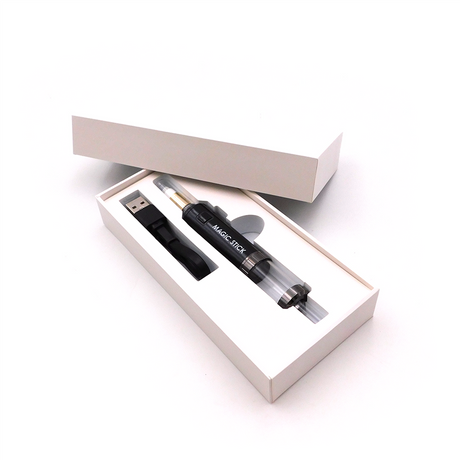 Front view of the Yocan Magic Stick Kit in matte black. This slim pen-style battery features universal 510-thread cartridge compatibility and a tactile single-button operation layout for hassle-free oil vaporization.