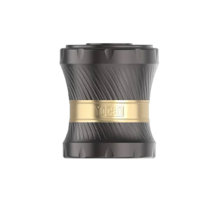 Front angled view of the Yocan Whirly Manual Herb Grinder 4-Piece in a solid metallic finish. This mechanical grinder features an integrated top whirly crank assembly to bypass standard manual twisting friction during processing.