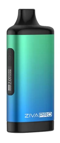 Angled front view of the Yocan Ziva Pro Vaporizer Mod featuring a cyan to blue gradient finish. This premium auto-draw battery securely conceals your 510-thread cartridge inside its sleek body and features a clear OLED screen for adjustable voltage settings.