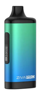 Angled front view of the Yocan Ziva Pro Vaporizer Mod featuring a cyan to blue gradient finish. This premium auto-draw battery securely conceals your 510-thread cartridge inside its sleek body and features a clear OLED screen for adjustable voltage settings.