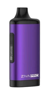 Angled overhead view of the Yocan Ziva Pro Vaporizer Mod in purple. This premium auto-draw battery securely conceals your 510-thread cartridge inside its sleek body and features a clear OLED screen for adjustable voltage settings.