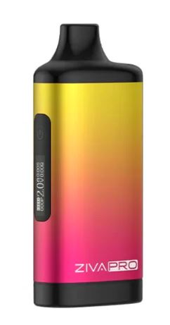 Front view of the Yocan Ziva Pro Vaporizer Mod featuring a vibrant yellow to pink gradient finish. This premium auto-draw battery securely conceals your 510-thread cartridge inside its sleek body and features a clear OLED screen for adjustable voltage settings.