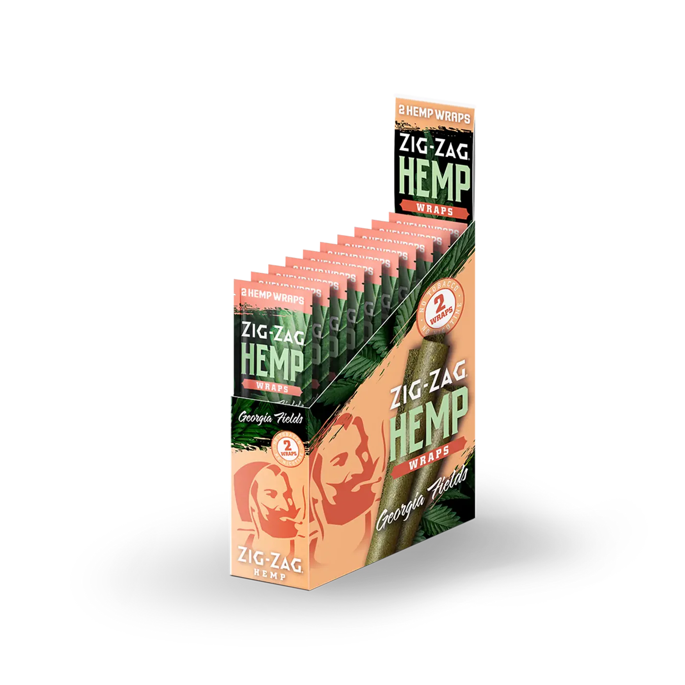 Front angled view of the Zig-Zag Hemp Wraps New Flavors 25-count display box showcasing the bright peach colored retail packaging. These 100% tobacco-free vegan wraps provide a smooth, slow-burning alternative for processing and rolling loose-leaf botanical material.