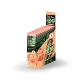 Front angled view of the Zig-Zag Hemp Wraps New Flavors 25-count display box showcasing the bright peach colored retail packaging. These 100% tobacco-free vegan wraps provide a smooth, slow-burning alternative for processing and rolling loose-leaf botanical material.