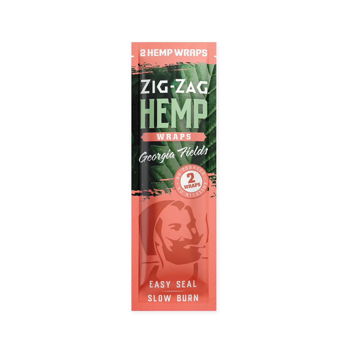 Front view of the Zig-Zag Hemp Wraps in the Georgia Peach flavor variant featuring vibrant green and peach-colored packaging. Crafted from responsibly sourced organic hemp, these flexible wraps deliver a sweet, juicy flavor profile while ensuring a slow combustion rate.