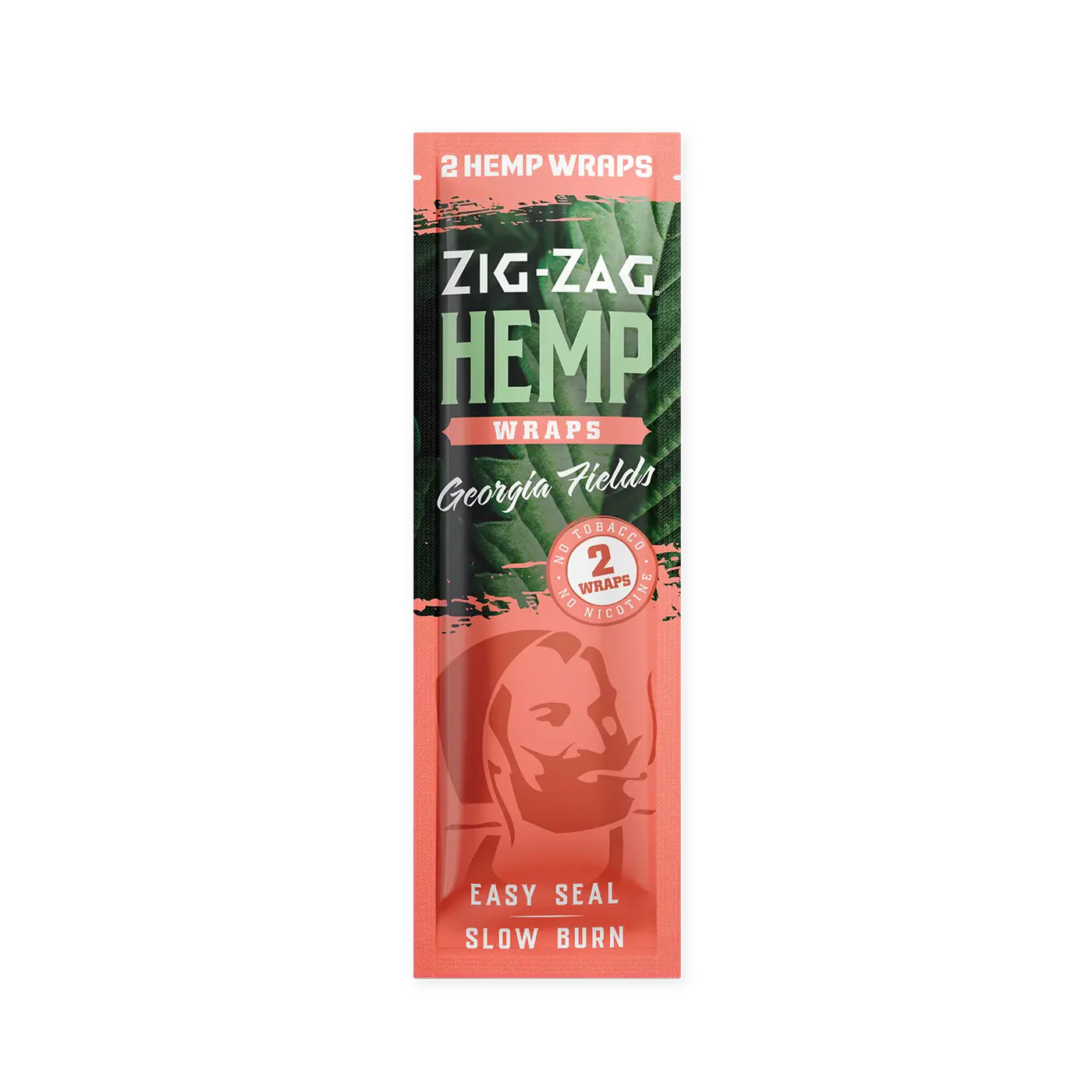 Front view of the Zig-Zag Hemp Wraps in the Georgia Peach flavor variant featuring vibrant green and peach-colored packaging. Crafted from responsibly sourced organic hemp, these flexible wraps deliver a sweet, juicy flavor profile while ensuring a slow combustion rate.