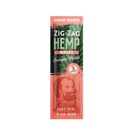 Front view of the Zig-Zag Hemp Wraps in the Georgia Peach flavor variant featuring vibrant green and peach-colored packaging. Crafted from responsibly sourced organic hemp, these flexible wraps deliver a sweet, juicy flavor profile while ensuring a slow combustion rate.