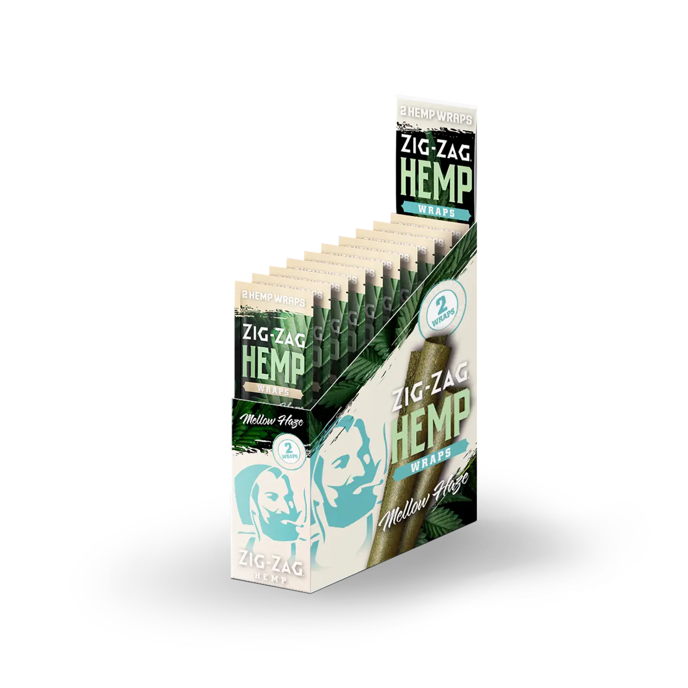 Front angled view of the Zig-Zag Hemp Wraps New Flavors 25-count display box showcasing the bright cream colored retail packaging. These 100% tobacco-free vegan wraps provide a smooth, slow-burning alternative for processing and rolling loose-leaf botanical material.