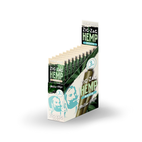 Front angled view of the Zig-Zag Hemp Wraps New Flavors 25-count display box showcasing the bright cream colored retail packaging. These 100% tobacco-free vegan wraps provide a smooth, slow-burning alternative for processing and rolling loose-leaf botanical material.