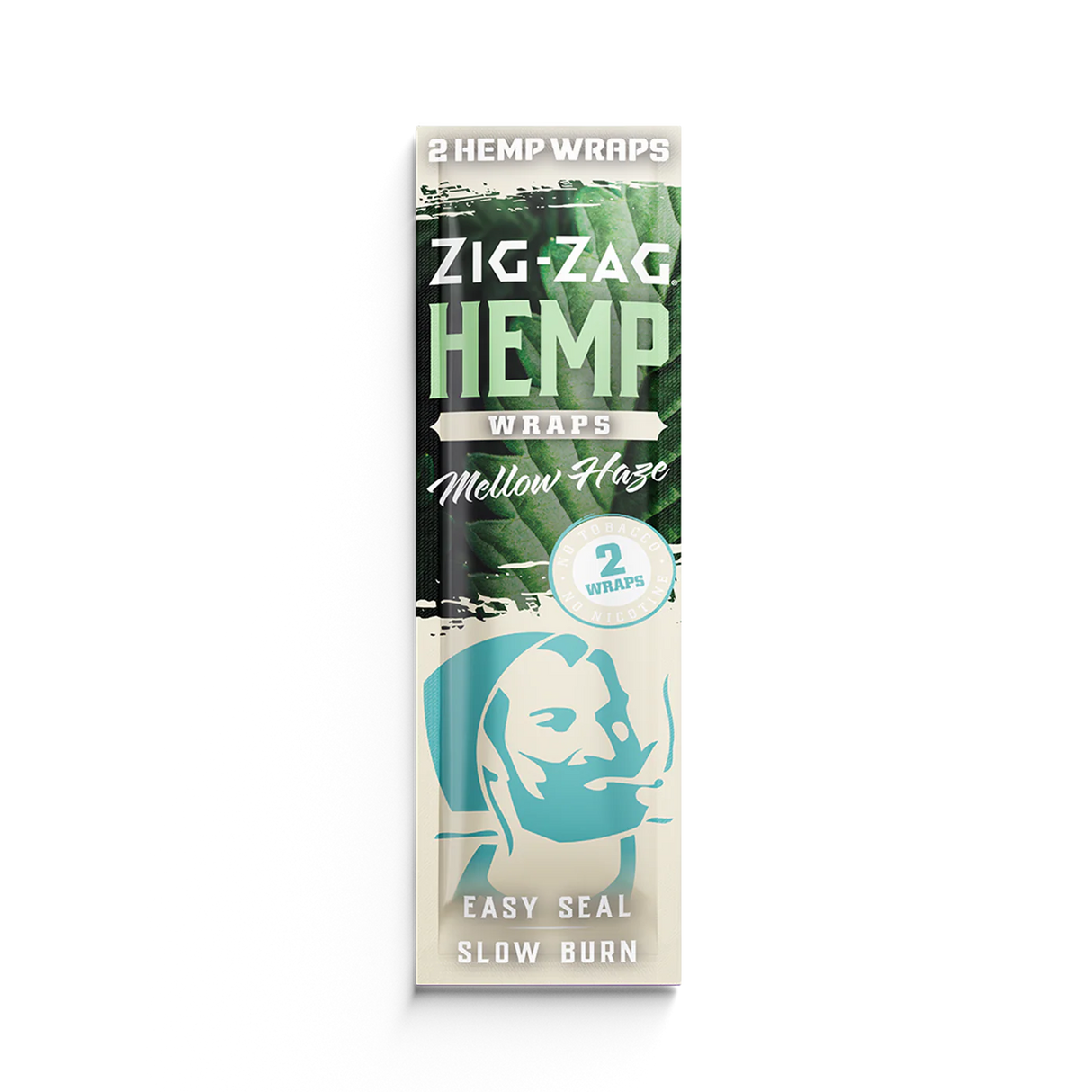 Front view of the Zig-Zag Hemp Wraps in the Mellow Haze flavor variant featuring soothing blue and cream packaging. These premium natural wraps are designed for easy manipulation, providing a durable structure that holds tight without cracking during the rolling process.