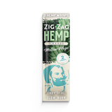 Front view of the Zig-Zag Hemp Wraps in the Mellow Haze flavor variant featuring soothing blue and cream packaging. These premium natural wraps are designed for easy manipulation, providing a durable structure that holds tight without cracking during the rolling process.