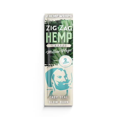 Front view of the Zig-Zag Hemp Wraps in the Mellow Haze flavor variant featuring soothing blue and cream packaging. These premium natural wraps are designed for easy manipulation, providing a durable structure that holds tight without cracking during the rolling process.