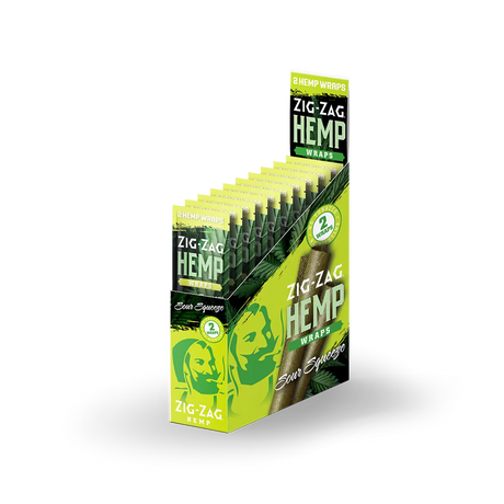 Front angled view of the Zig-Zag Hemp Wraps New Flavors 25-count display box showcasing the bright green colored retail packaging. These 100% tobacco-free vegan wraps provide a smooth, slow-burning alternative for processing and rolling loose-leaf botanical material.