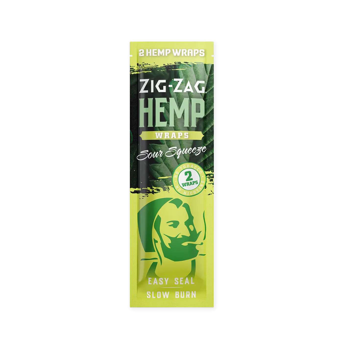 Front view of the Zig-Zag Hemp Wraps in the Sour Squeeze flavor variant featuring bright neon green and yellow packaging. Each resealable foil pouch contains two premium tobacco-free wraps and a packing straw for an effortless rolling experience.