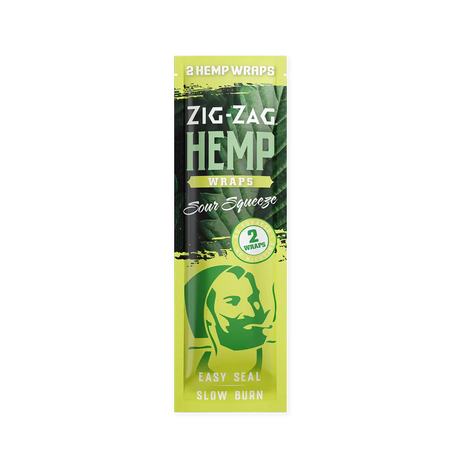 Front view of the Zig-Zag Hemp Wraps in the Sour Squeeze flavor variant featuring bright neon green and yellow packaging. Each resealable foil pouch contains two premium tobacco-free wraps and a packing straw for an effortless rolling experience.