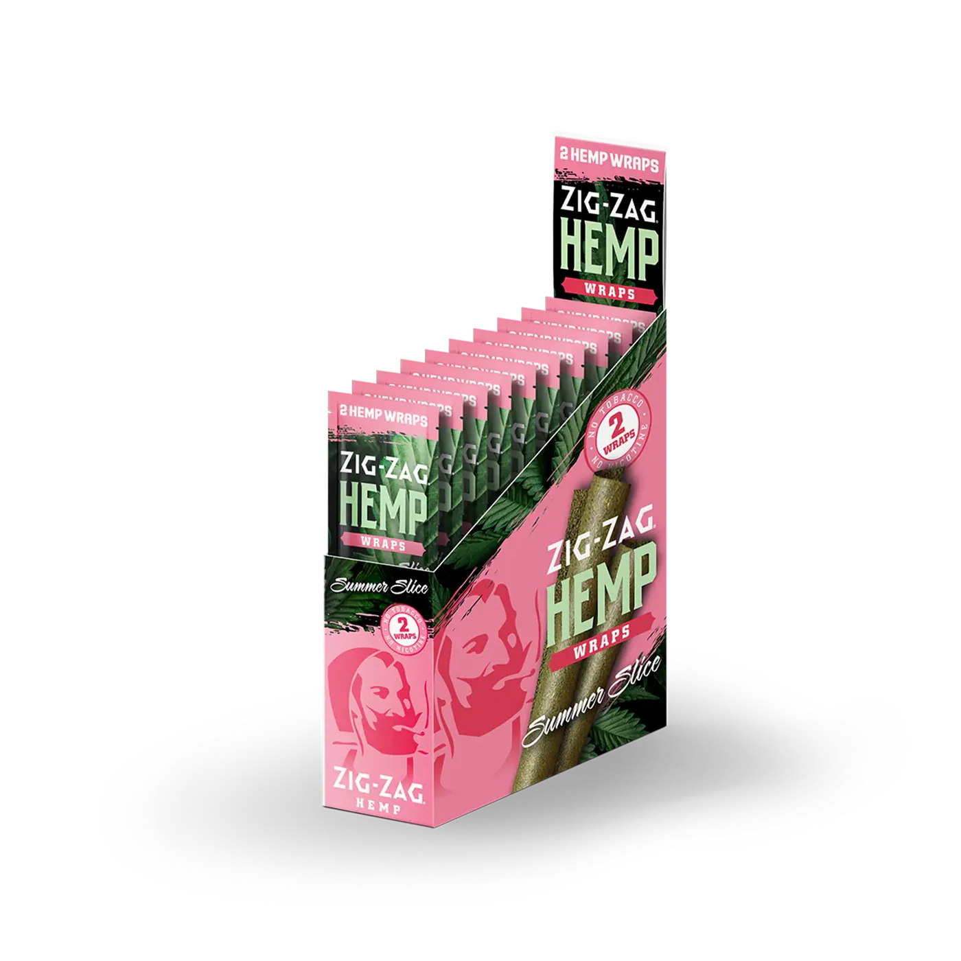Front angled view of the Zig-Zag Hemp Wraps New Flavors 25-count display box showcasing the bright pink colored retail packaging. These 100% tobacco-free vegan wraps provide a smooth, slow-burning alternative for processing and rolling loose-leaf botanical material.