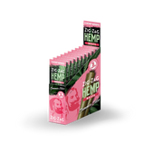Front angled view of the Zig-Zag Hemp Wraps New Flavors 25-count display box showcasing the bright pink colored retail packaging. These 100% tobacco-free vegan wraps provide a smooth, slow-burning alternative for processing and rolling loose-leaf botanical material.