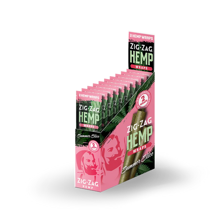 Front angled view of the Zig-Zag Hemp Wraps New Flavors 25-count display box showcasing the bright pink colored retail packaging. These 100% tobacco-free vegan wraps provide a smooth, slow-burning alternative for processing and rolling loose-leaf botanical material.